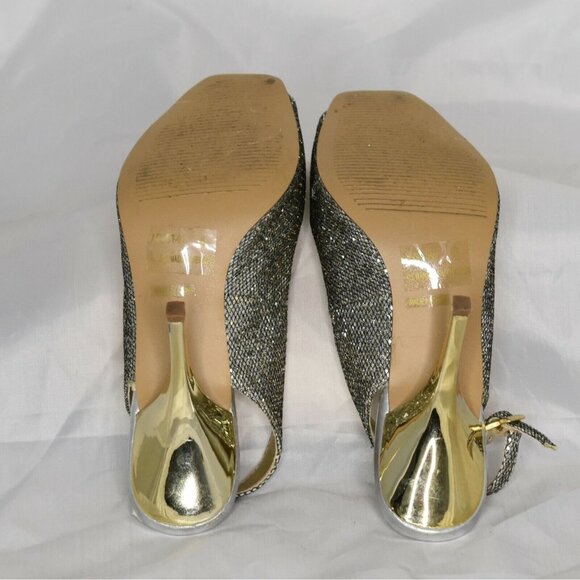 Twenty-One Womens 6 High Heels Slingback Gold Silver Rhinestones Peep Toe Shoes - Picture 10 of 11